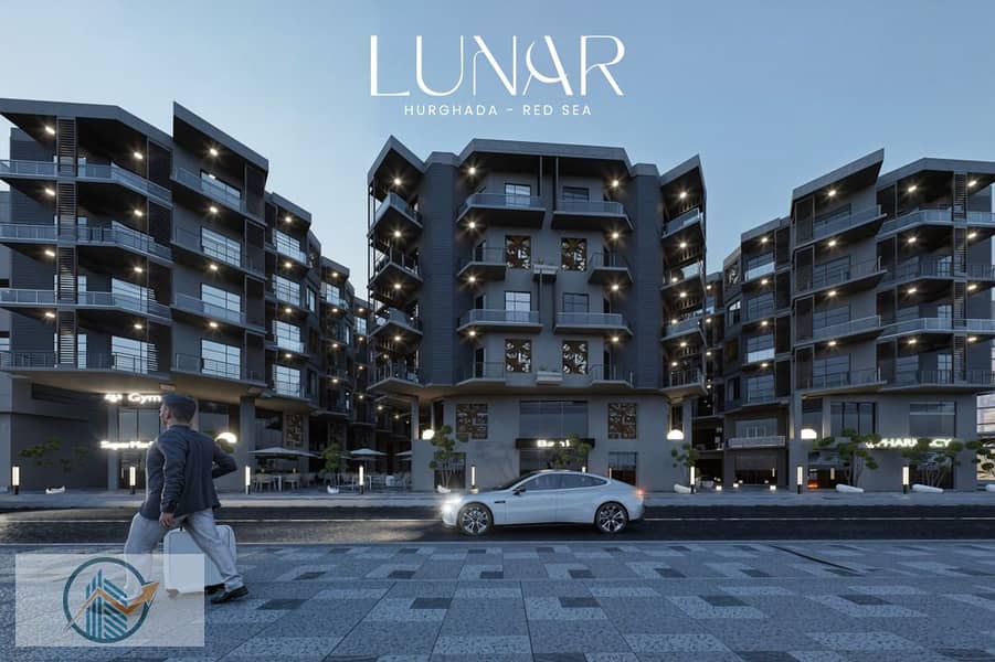 شقة غرفتين 97 متر بالدور الخامس في مشروع لونار الغردقة بإطلالة بلازا وشارع 0