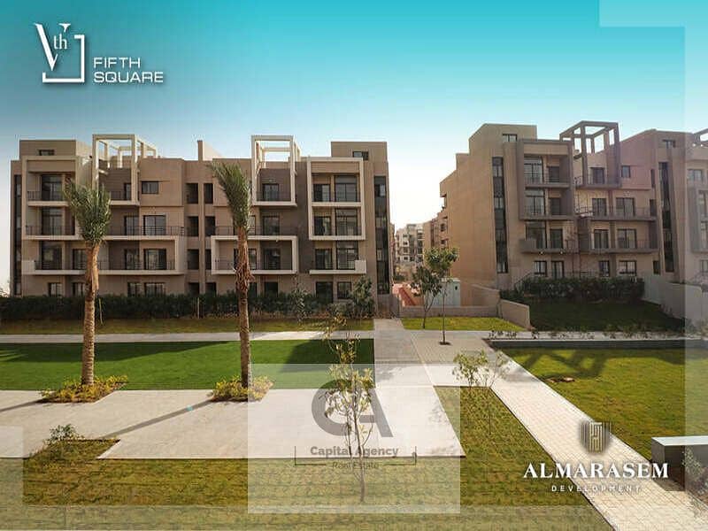 شقه للبيع ارضي بجاردن متشطبه بالكامل بسعر الكاش في كمبوند فيفث سكوير استلام فورى في قلب الجولدن سكوير مع المراسم | Fifth Square 0