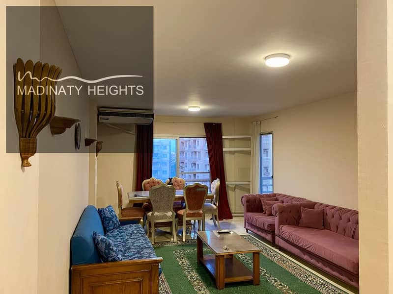 شقة 124م  للإيجار مفروش في مدينتي B6 جاهزة للمعاينة ، 3 غرف نوم و2 حمام، تشطيب شركة كامل بالفرش والتكييفات والأجهزة 0