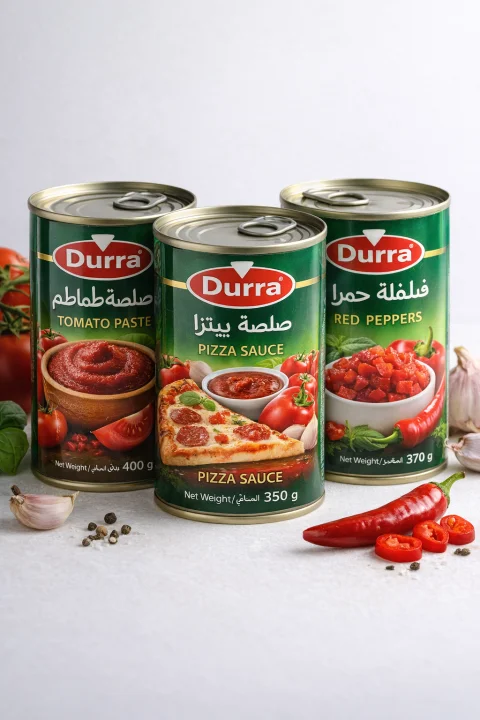 مجموعة صلصات الدرة – 2 صلصة طماطم 400 جم + صلصة بيتزا 350 جم + فليفلة حمراء 370 جم