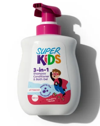 سوبر كيدز شامبو وبلسم وجل استحمام 3 في 1 – تجربة ممتعة برائحة ميلك شيك الفراولة – 500 مل