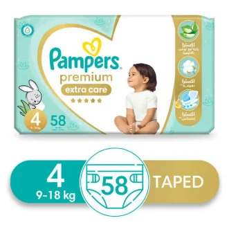 بامبرز بريميوم إكسترا كير مقاس 4 – عناية إضافية وملمس ناعم – 58 حفاضة