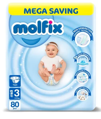 مولفيكس حفاضات أطفال ميجا ميدي مقاس 3 – ثبات مريح للاستخدام اليومي – 80 حفاضة