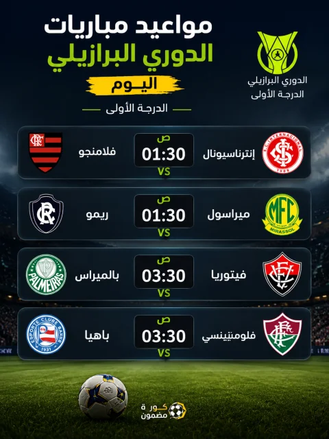 مواعيد مباريات الدوري البرازيلي اليوم.. قمة فلامنجو وإنترناسيونال تتصدر المشهد