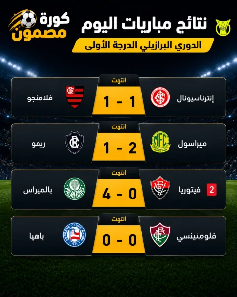 نتائج مباريات الدوري البرازيلي اليوم.. بالميراس يكتسح فيتوريا برباعية وتعادل فلامنجو مع إنترناسيونال